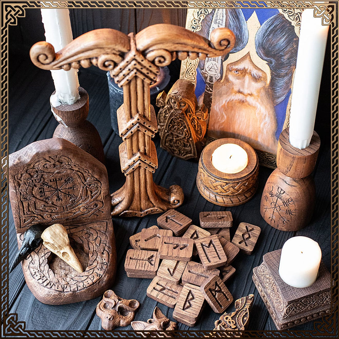 Wooden Pagan Altar Tools and Deity Symbols with Runes and Candles