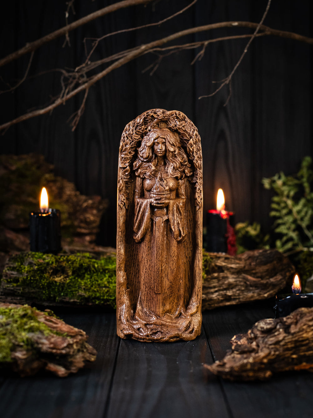 Full view of the Bridget statue from the front, highlighting its dimensions and intricate design against a plain background.