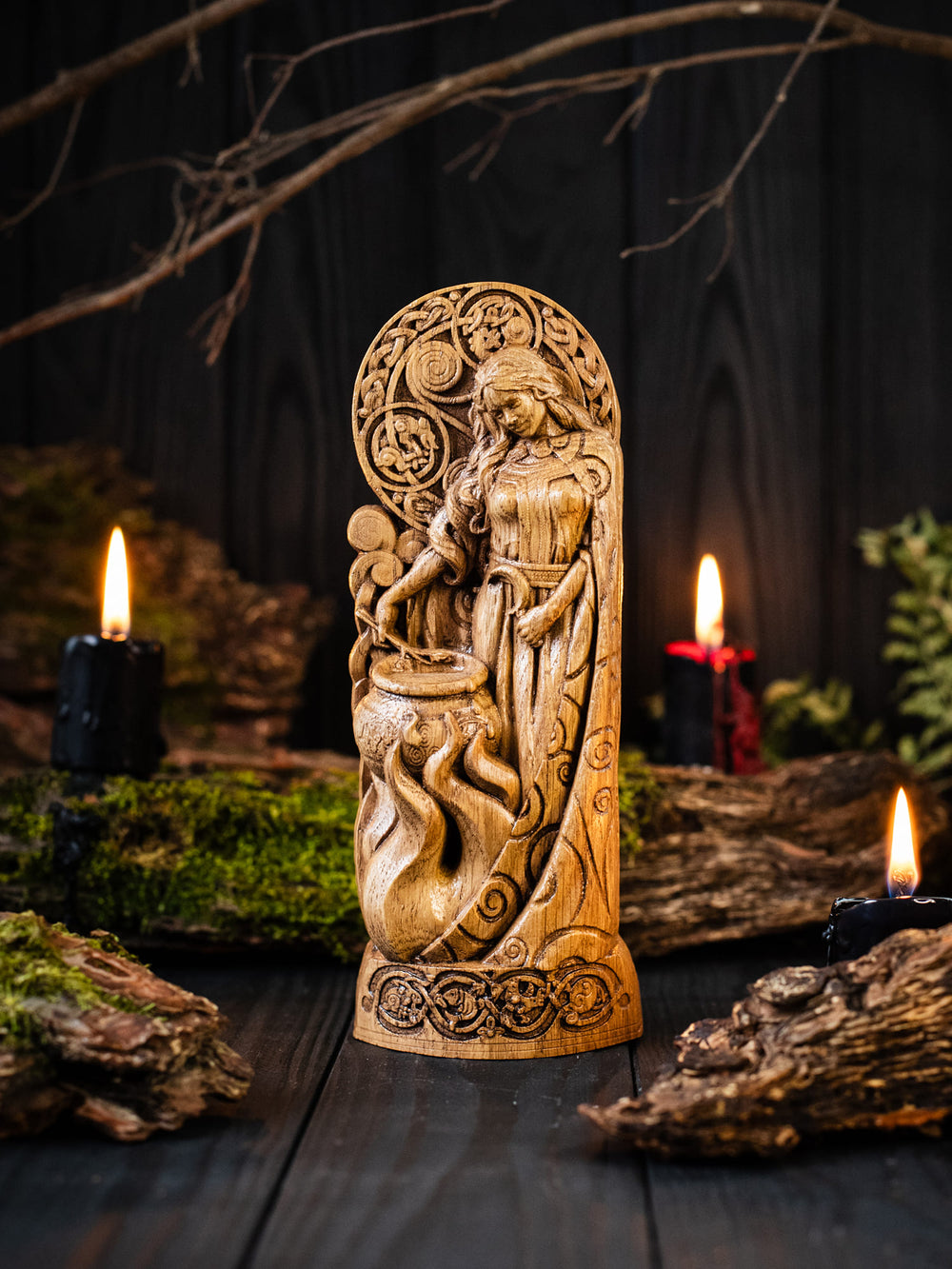 Full view of the Ceridwen statue from the front, highlighting its dimensions and intricate design, depicting the cycle of her son's transformation.