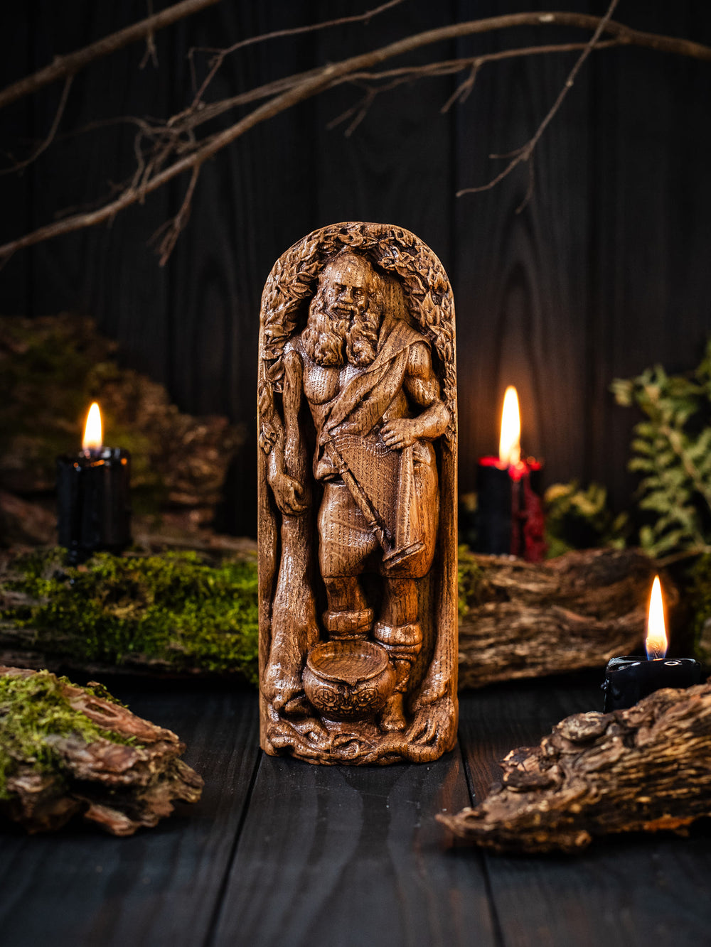 Full view of the Dagda statue from the front, highlighting its dimensions and intricate design against a plain background.