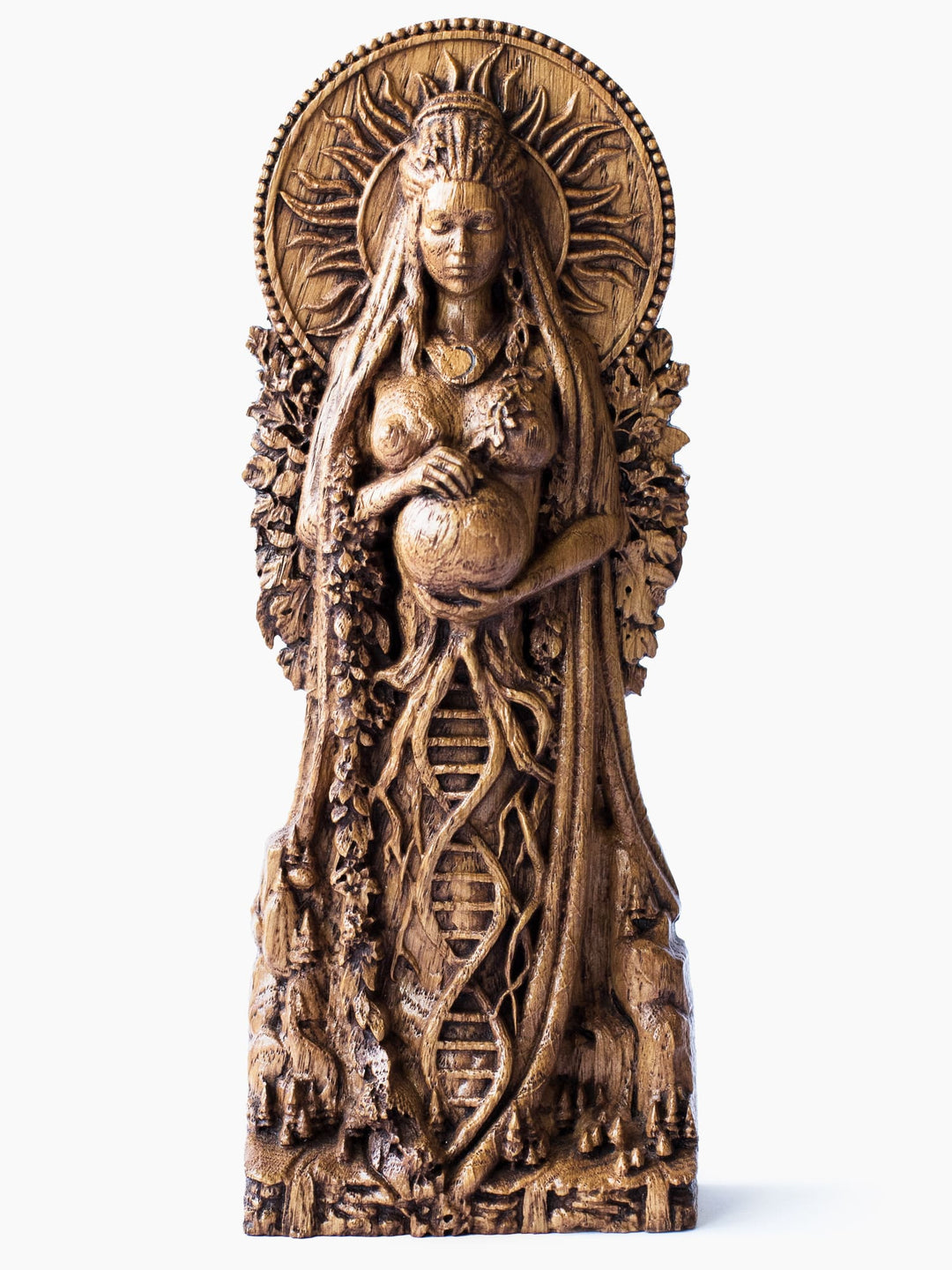 Close-up of the handcrafted oak Gaia statue, showcasing Gaia embracing Earth with the sun behind her and the moon on her chest.