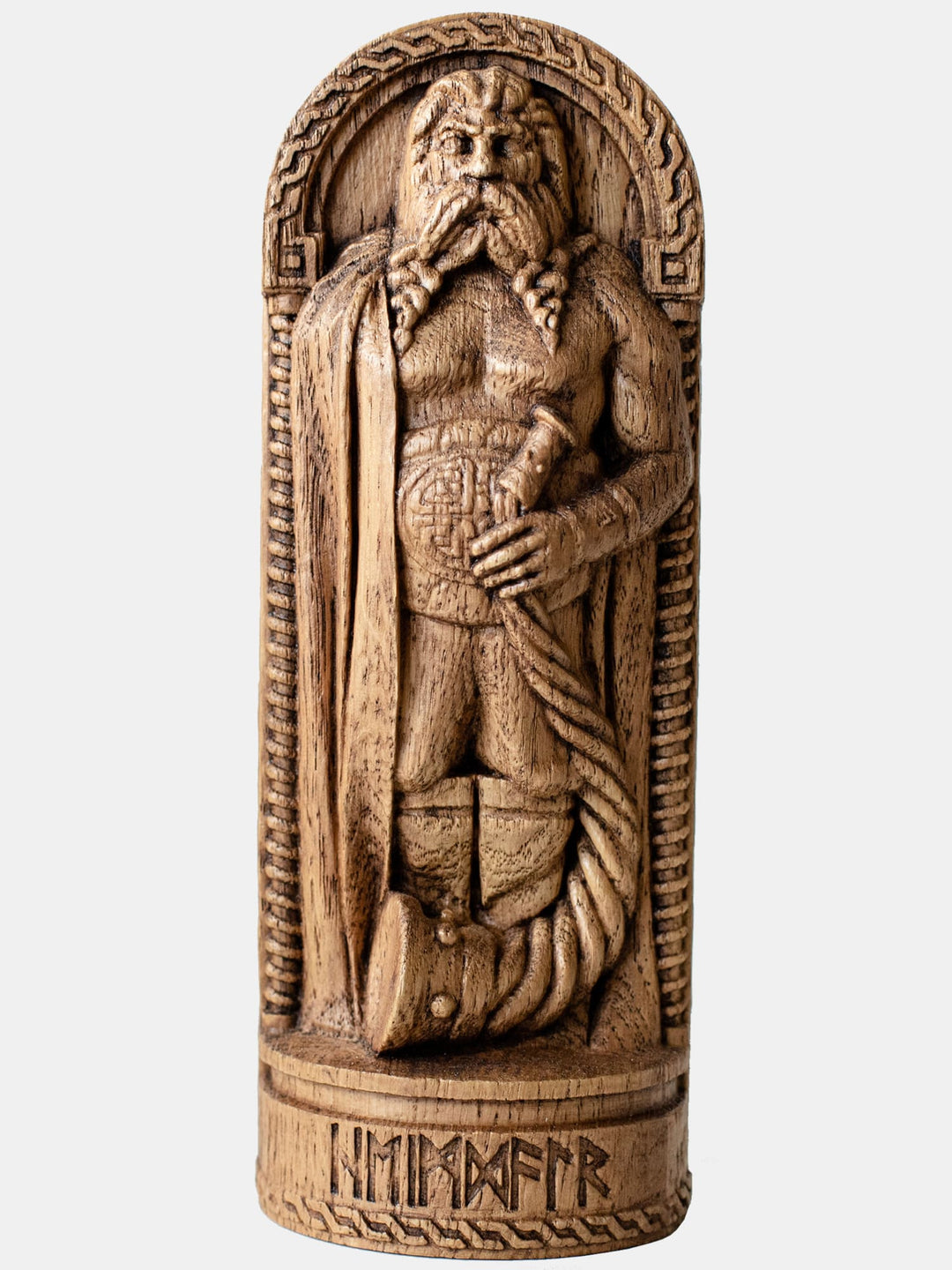 Close-up of the handcrafted oak Heimdall statue, showcasing detailed carvings of Heimdall holding his iconic horn, Gjallarhorn.