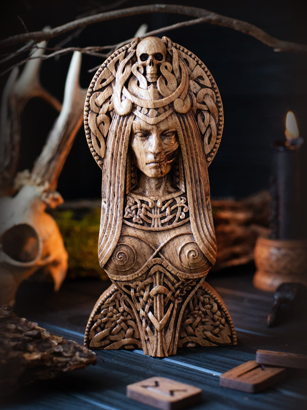 Wooden Hel figurine depicting the Queen of Niflheim, symbolizing death and balance, ideal for Norse altars.