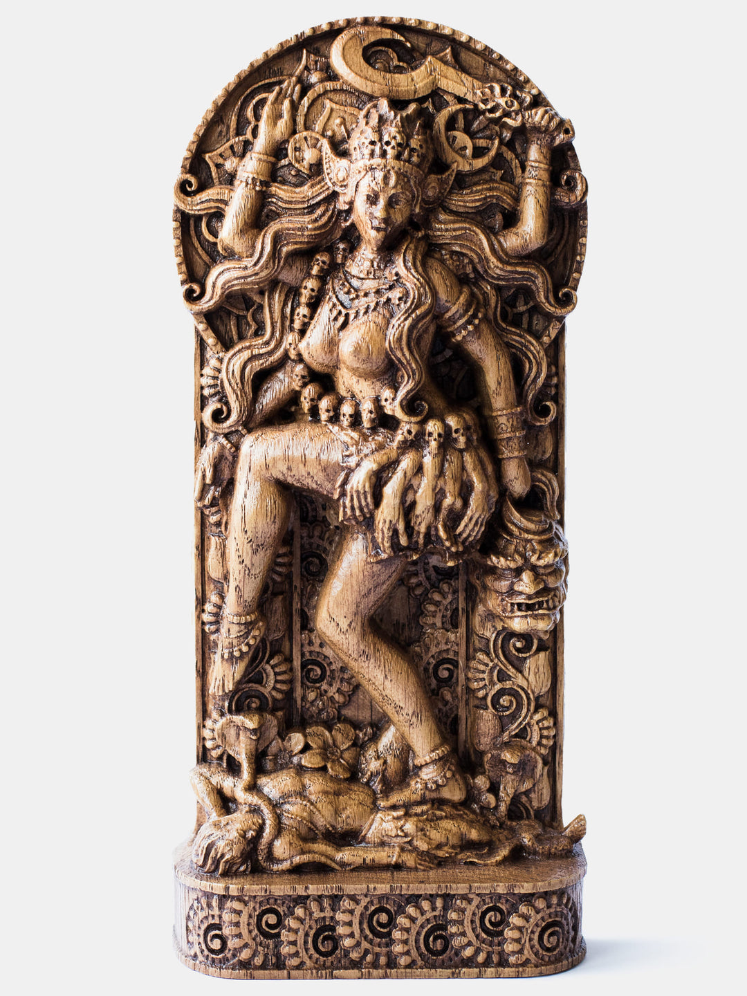 Close-up of the handcrafted oak Ishtar statue, showcasing the winged goddess holding sacred symbols with the moon and star above her head.