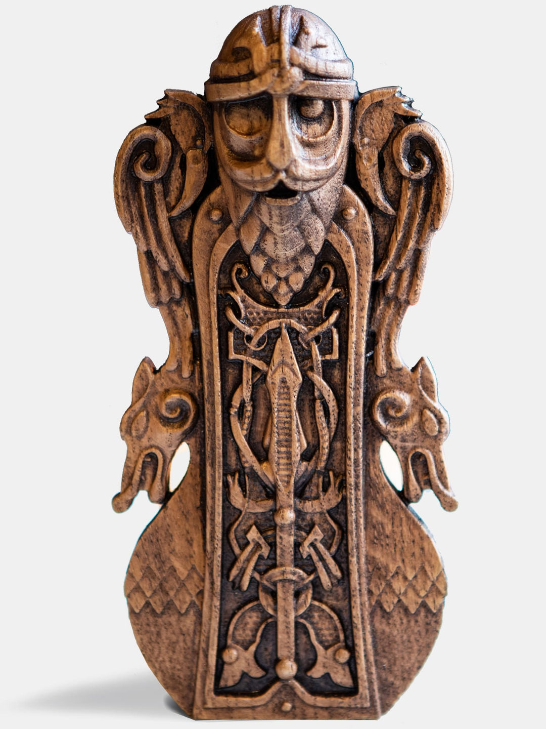 Close-up of the handcrafted oak Odin bust, showcasing the Norse All-Father with intricate Scandinavian knot patterns.