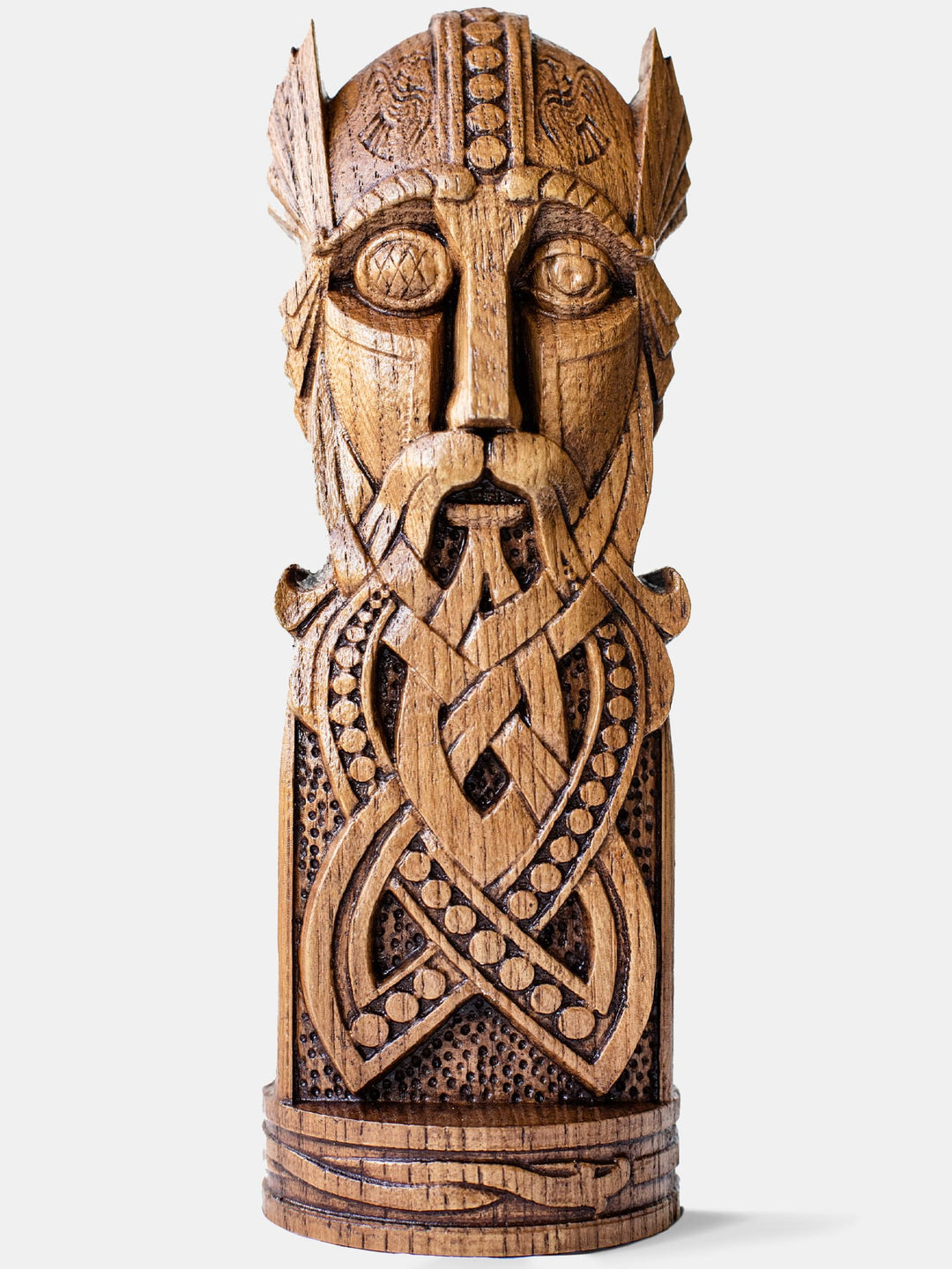 Close-up of the handcrafted oak Odin portrait statue, showcasing the Norse All-Father with intricate ancient Scandinavian designs.