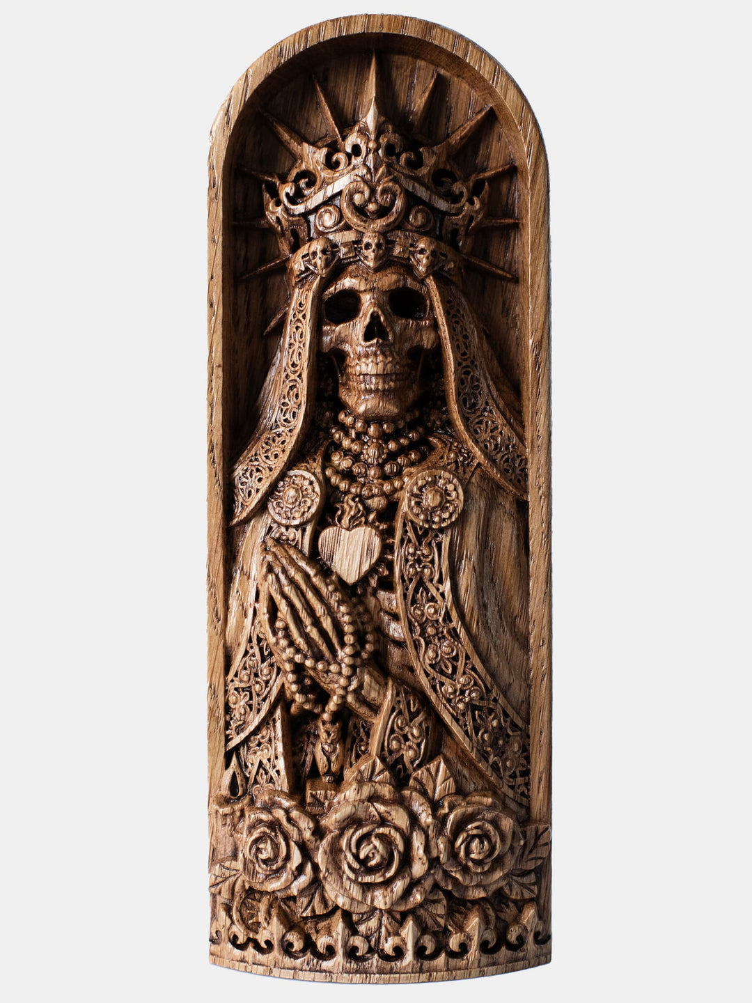 Handcrafted wooden Santa Muerte statue, classic skeletal form with crown, heart, owl necklace, and roses, ideal for altar decor.