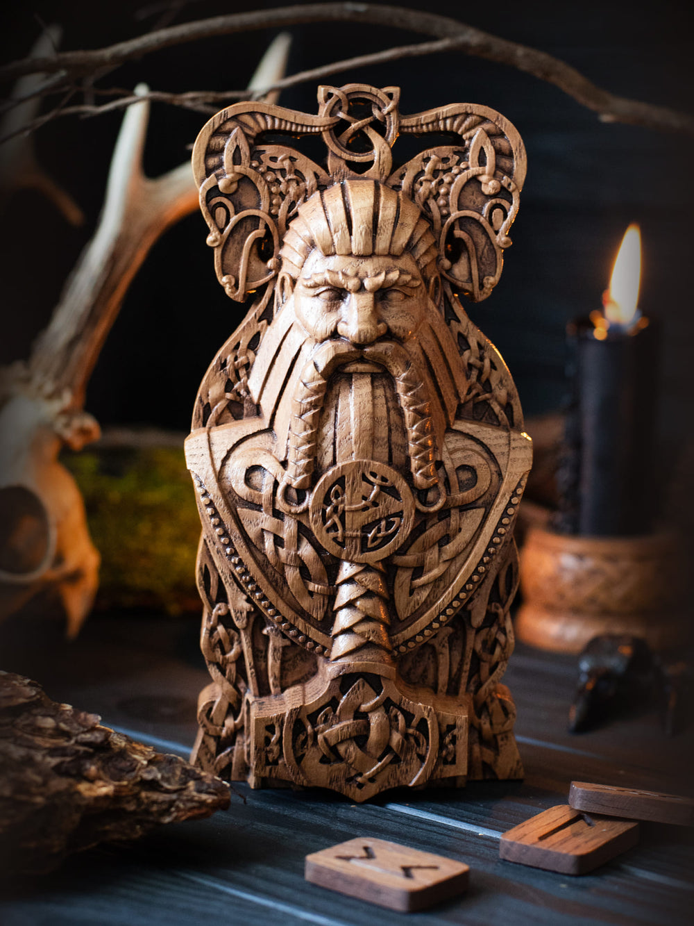 Full view of the Thor bust from the front, highlighting its dimensions and detailed design with Mjolnir and his goats.