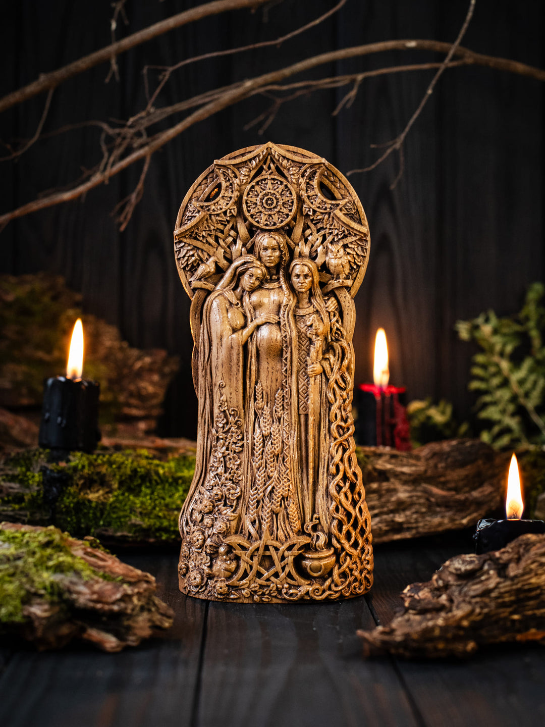 Full view of the Triple Goddess statue from the front, highlighting its dimensions and intricate design with three main silhouettes of women, a dove, and an owl.