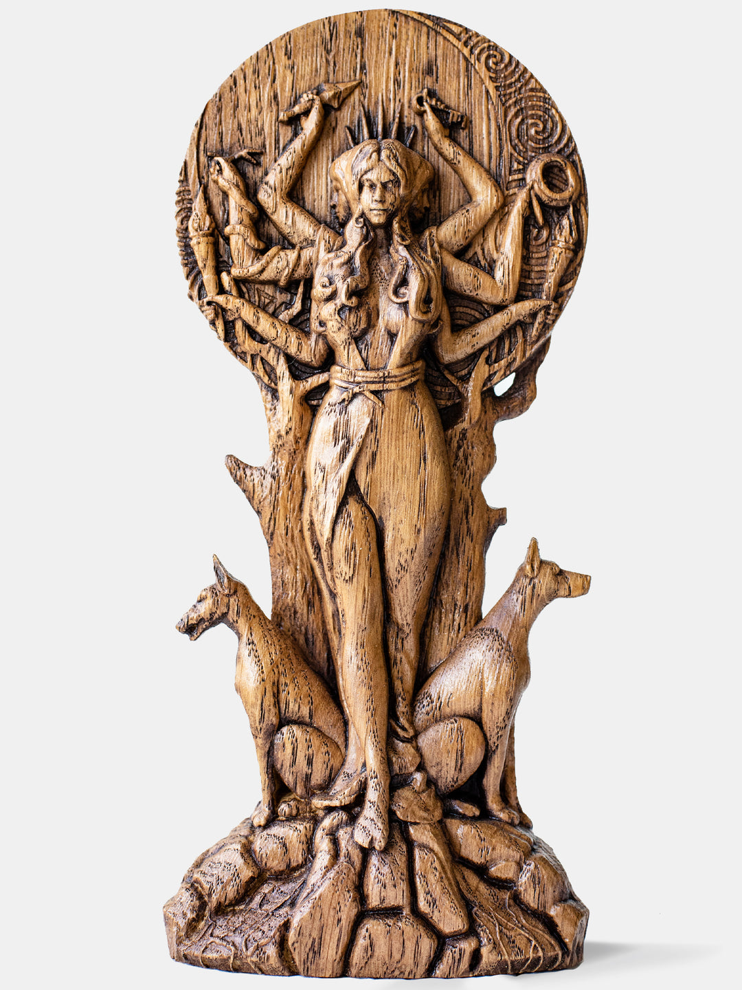 Hecate goddess statue for altar: handcrafted wooden figurine with three faces, six arms, and moon crown.