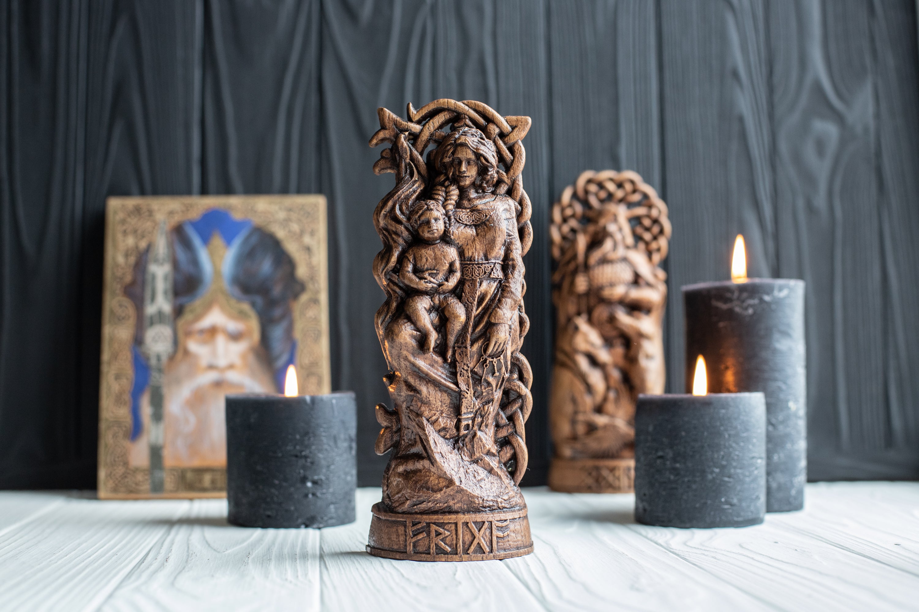 Frigg Queen of Asgard, Norse Goddess Hand Carved Wooden Statue