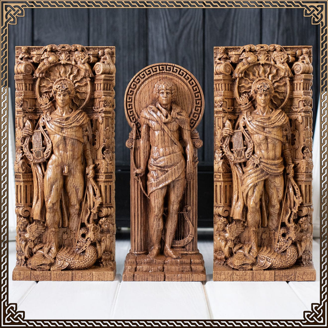 Apollo god statue with lyre and sun disc – handcrafted Apollo statues displayed for pagan altar or Greek god worship