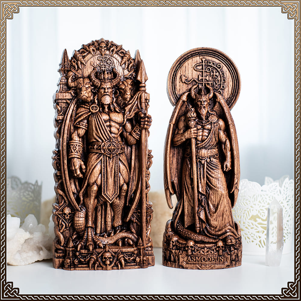 Handmade wooden Asmodeus statues, demon figurine for occult altar decor by Blagowood