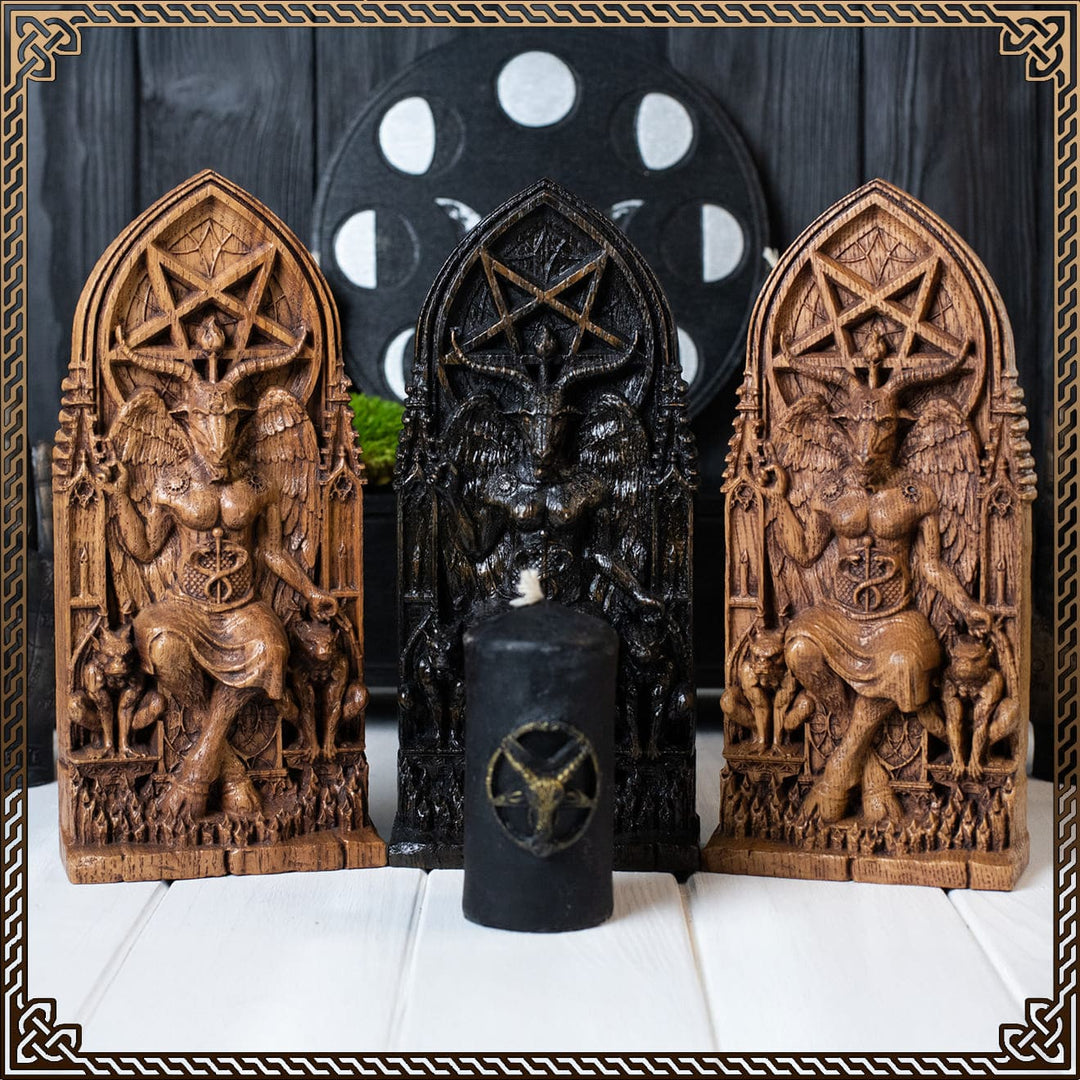 Baphomet figurines with hand sign of Baphomet, set for ritual of Baphomet, showcasing occult artwork and symbolic transgender form.