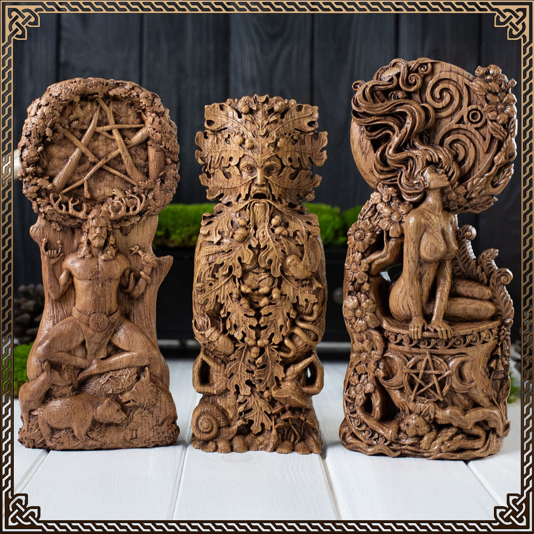 Hand-carved oak statues of Celtic goddess, Cernunnos Celtic god, and Green Man, featuring symbols of the Celtic triple goddess, fertility, and nature worship