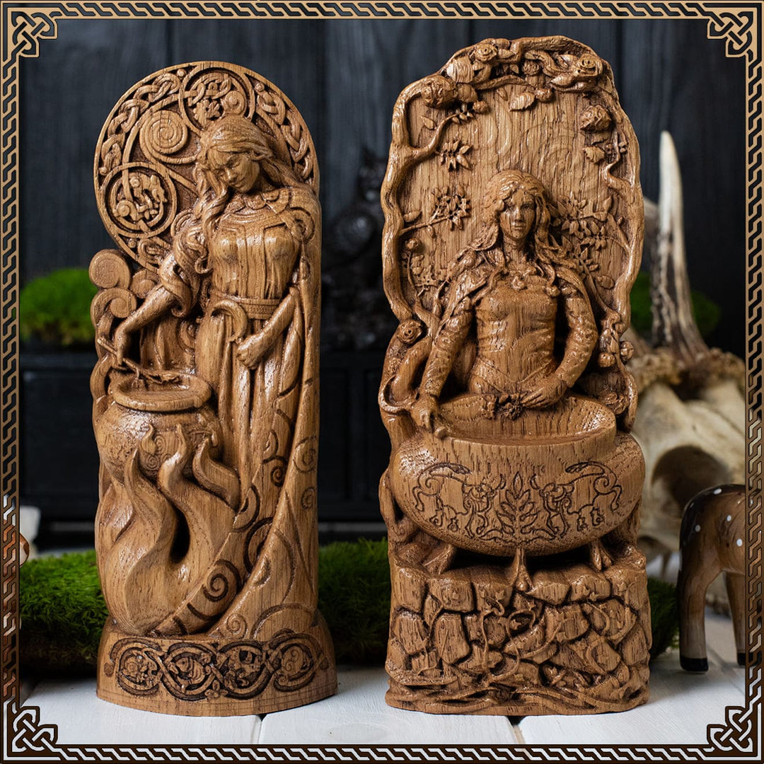 Detailed oak carving of Welsh goddess Ceridwen stirring her cauldron — traditional figurine for devotees of Ceridwen goddess practices