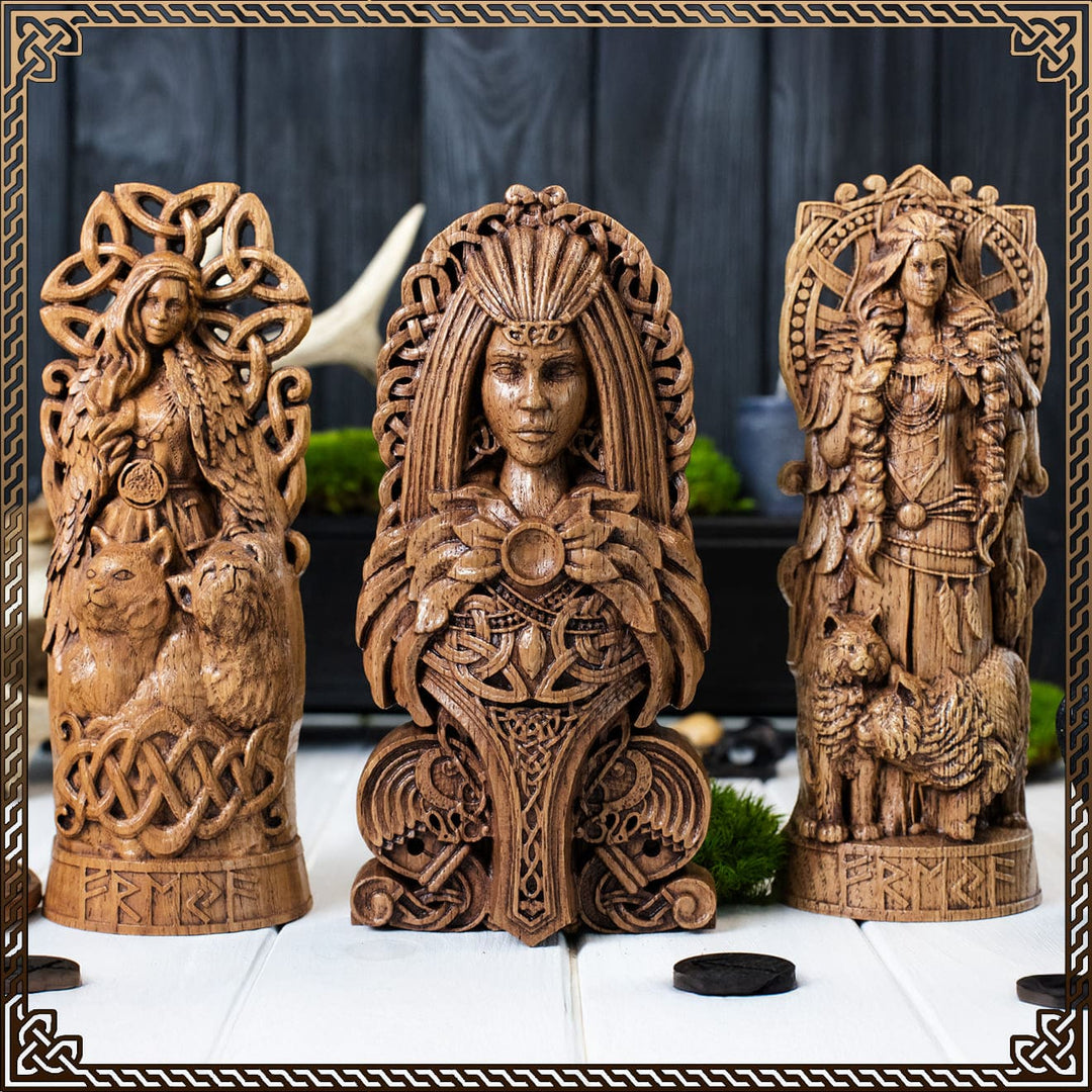 Freya statue featuring Norwegian goddess figurine with cat symbols and Nordic patterns for pagan altars