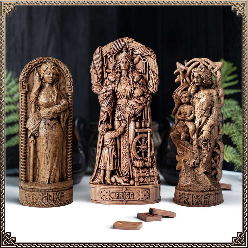 Carved Frigg statues from natural wood, Viking goddess home decor by Blagowood