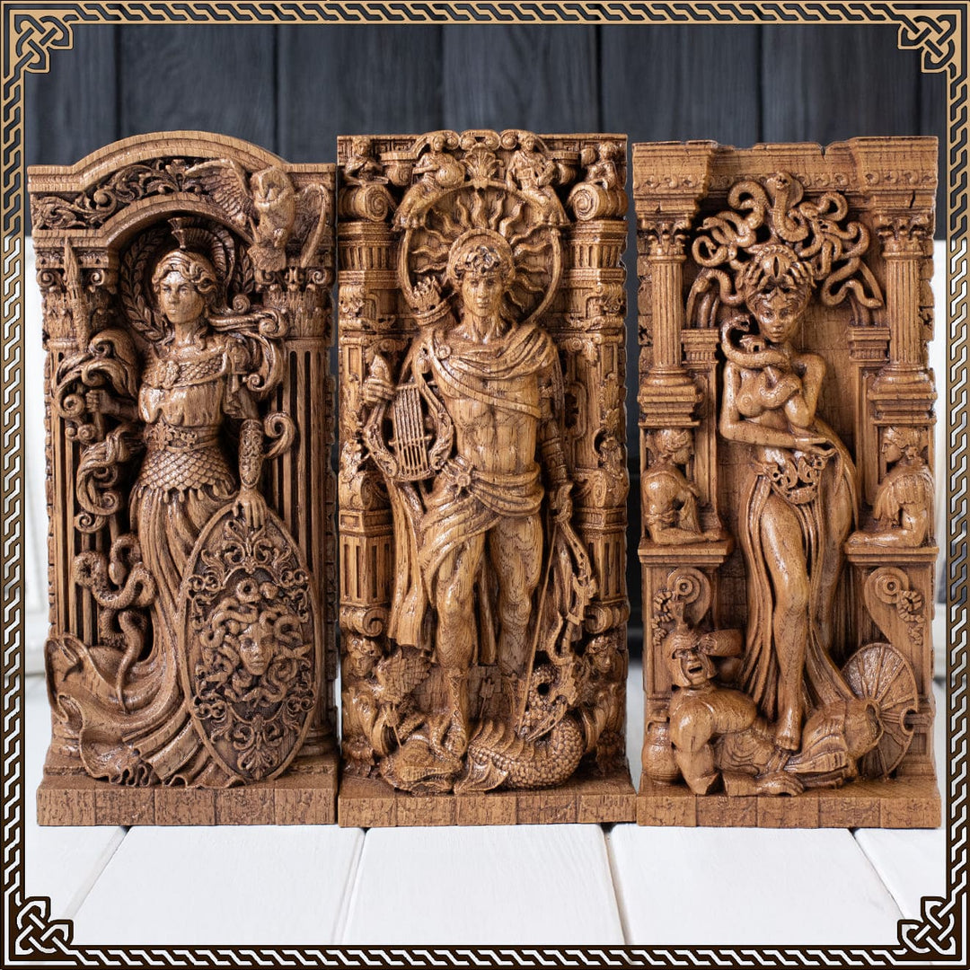 Greek goddess statue with Medusa shield, Greek god Apollo sculpture, and female Greek statue – handcrafted greek statues of gods