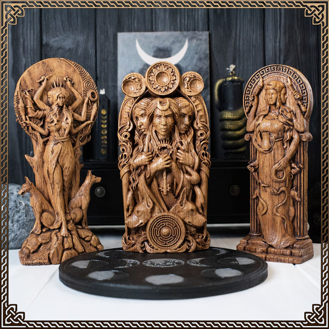 Statue of Hecate at the crossroads with dog and torch — Handcrafted Hekate statue carved in oak, ideal for altars and spiritual decor; one of the most iconic Hecate statues for modern practitioners.