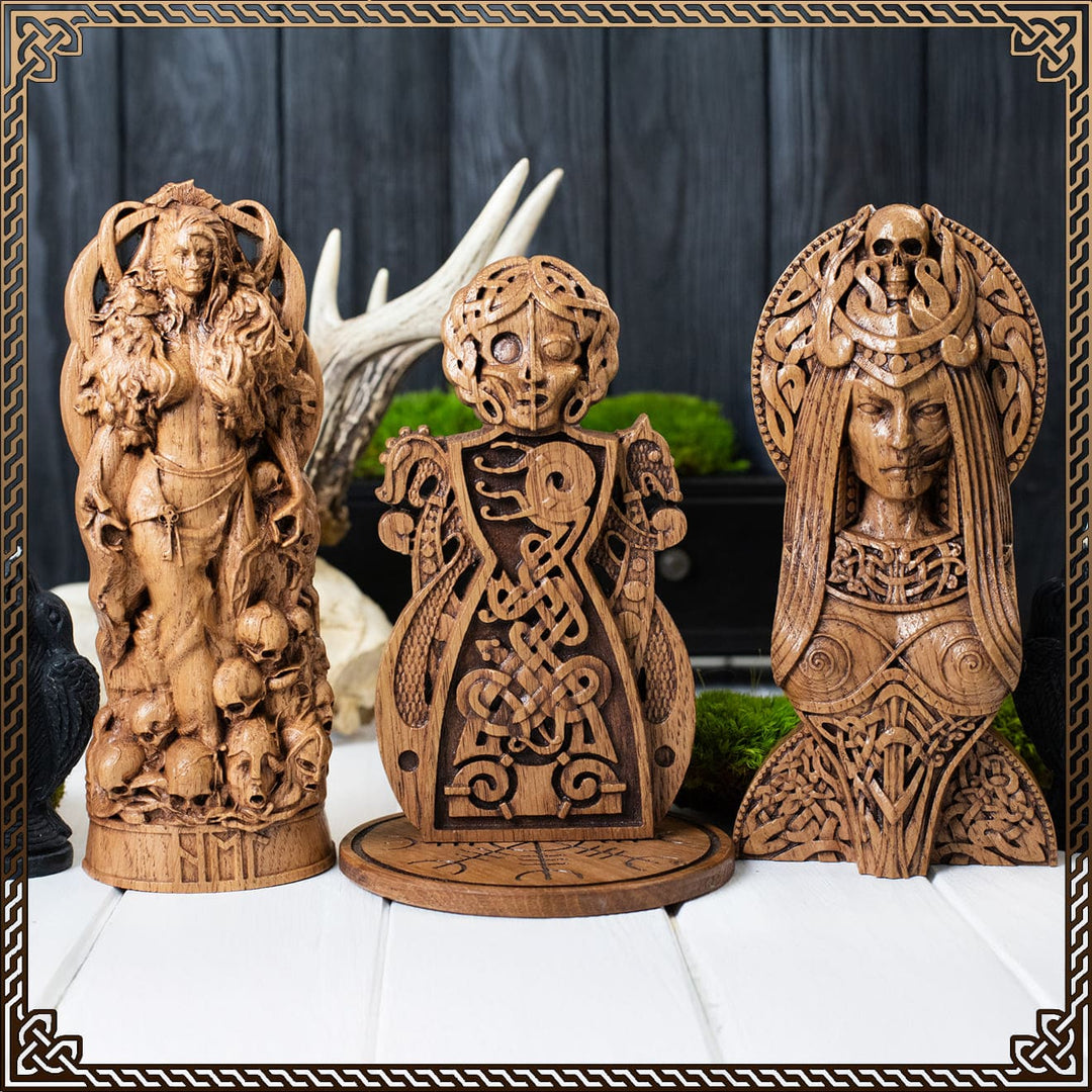 hel norse goddess statuette with viking motifs and pagan altar decor