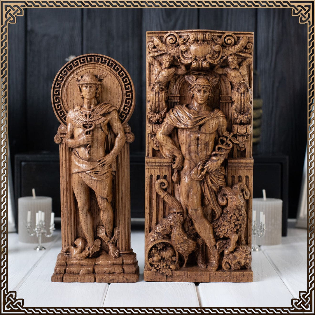 Hermes statue and greek god hermes statue in oak wood carving for altar use
