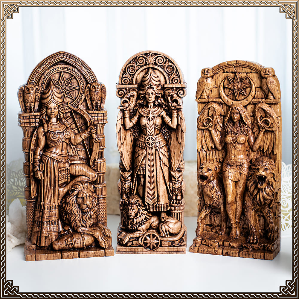 Carved Ishtar / Inanna statues from natural wood, ancient mythology decor by Blagowood