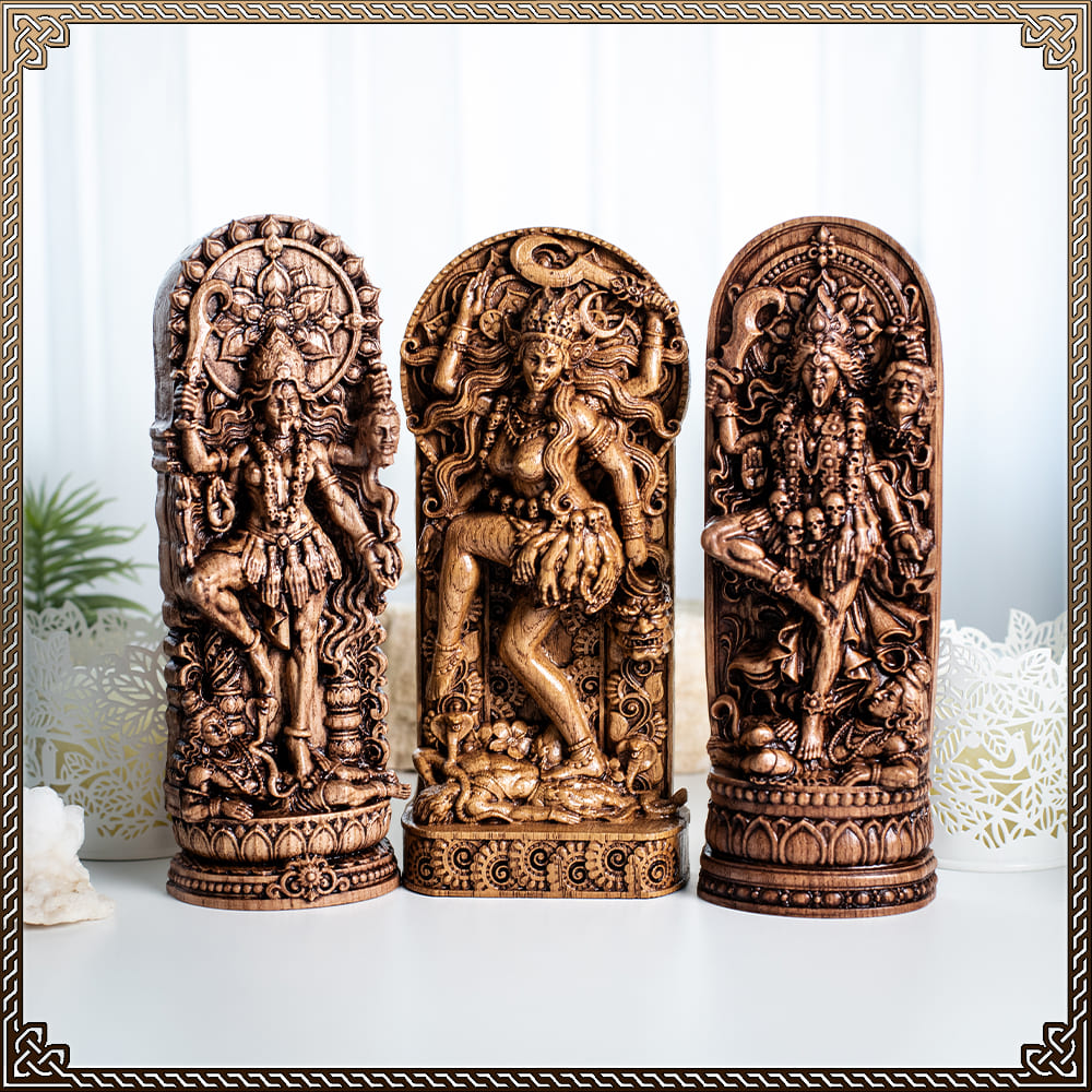 Carved Kali Maa statues from natural wood, goddess figurine for meditation space by Blagowood