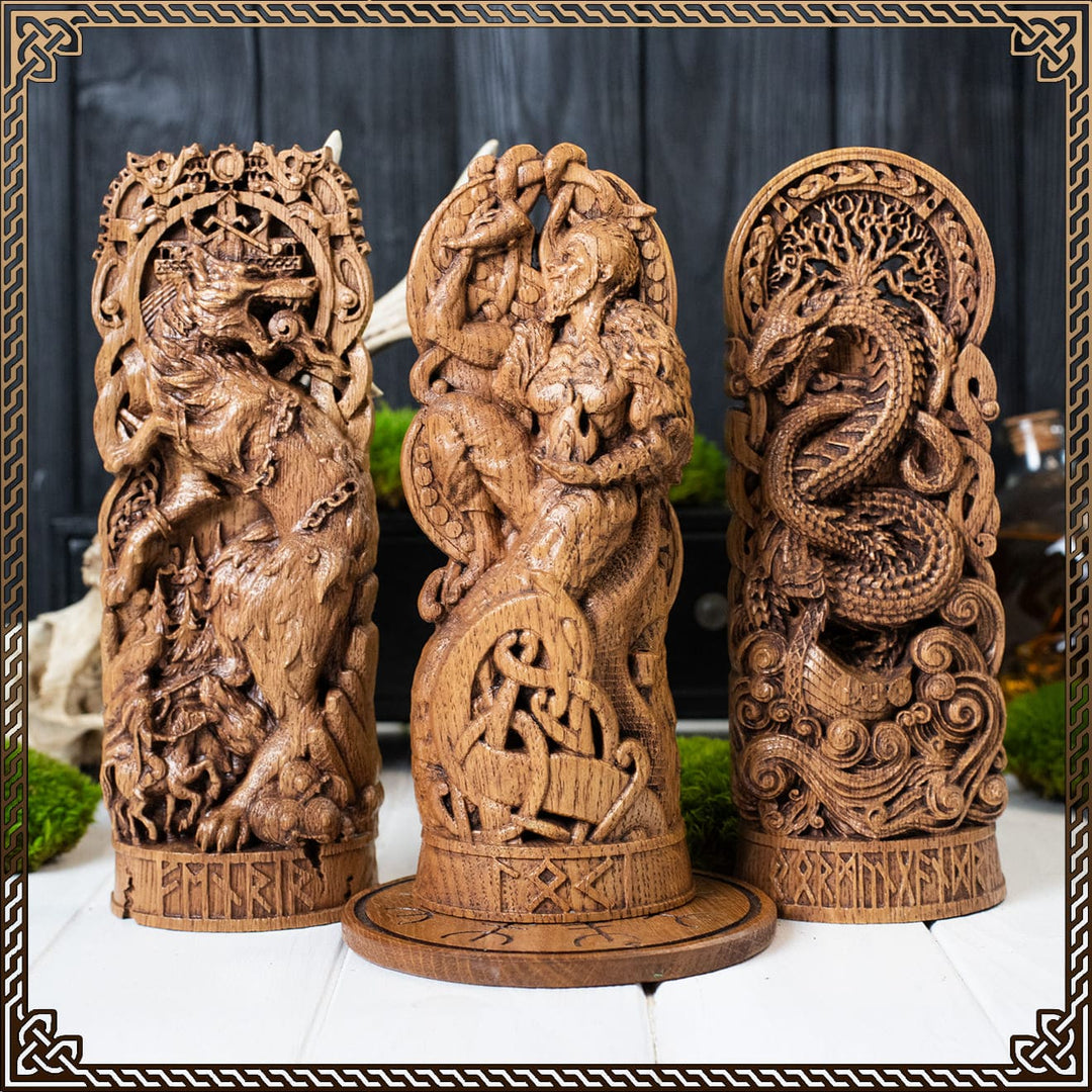 Loki statue featuring the Norse god Loki in oak wood surrounded by serpent and mythological elements – ideal for pagan altar or the ritual Loki
