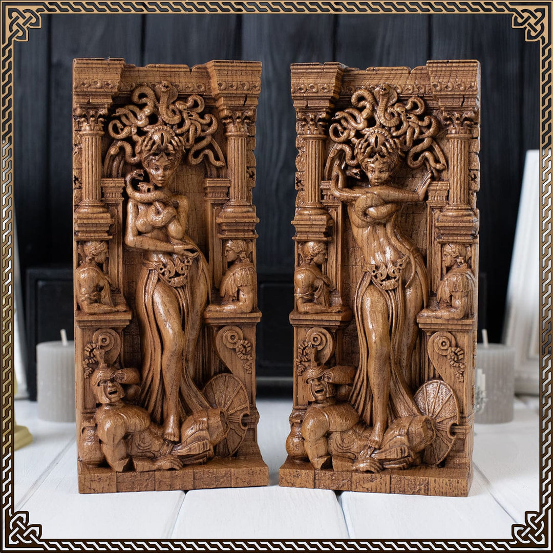 Greek medusa statue carved from oak, featuring ancient medusa statue design with mythological details and gorgon symbolism, ideal for collectors and spiritual spaces.