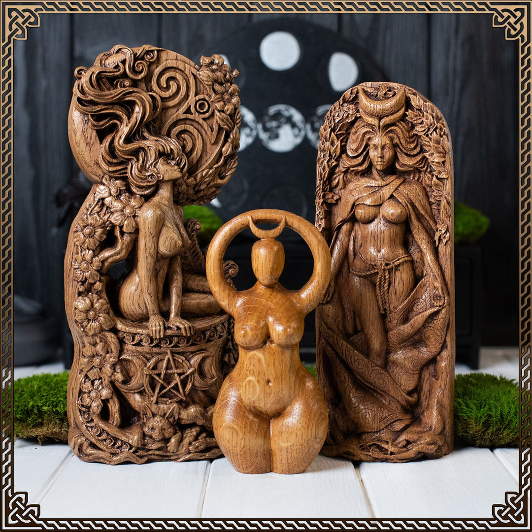 Wooden moon goddess statue set featuring triple moon goddess symbolism, pagan altar decor, and celtic goddess of the moon imagery
