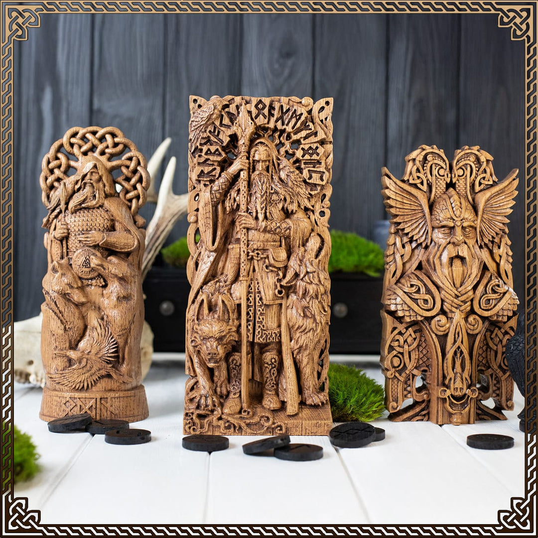 Odin god statue with ravens and wolves, detailed wooden Norse god carving for pagan altar decor.