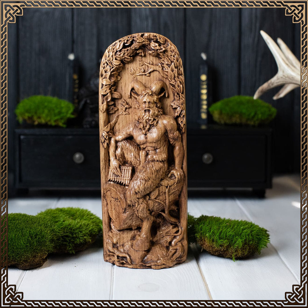 Handcrafted greek god Pan statue with goat legs and panpipes — wooden figurine god Pan for pagan altars or garden decor.