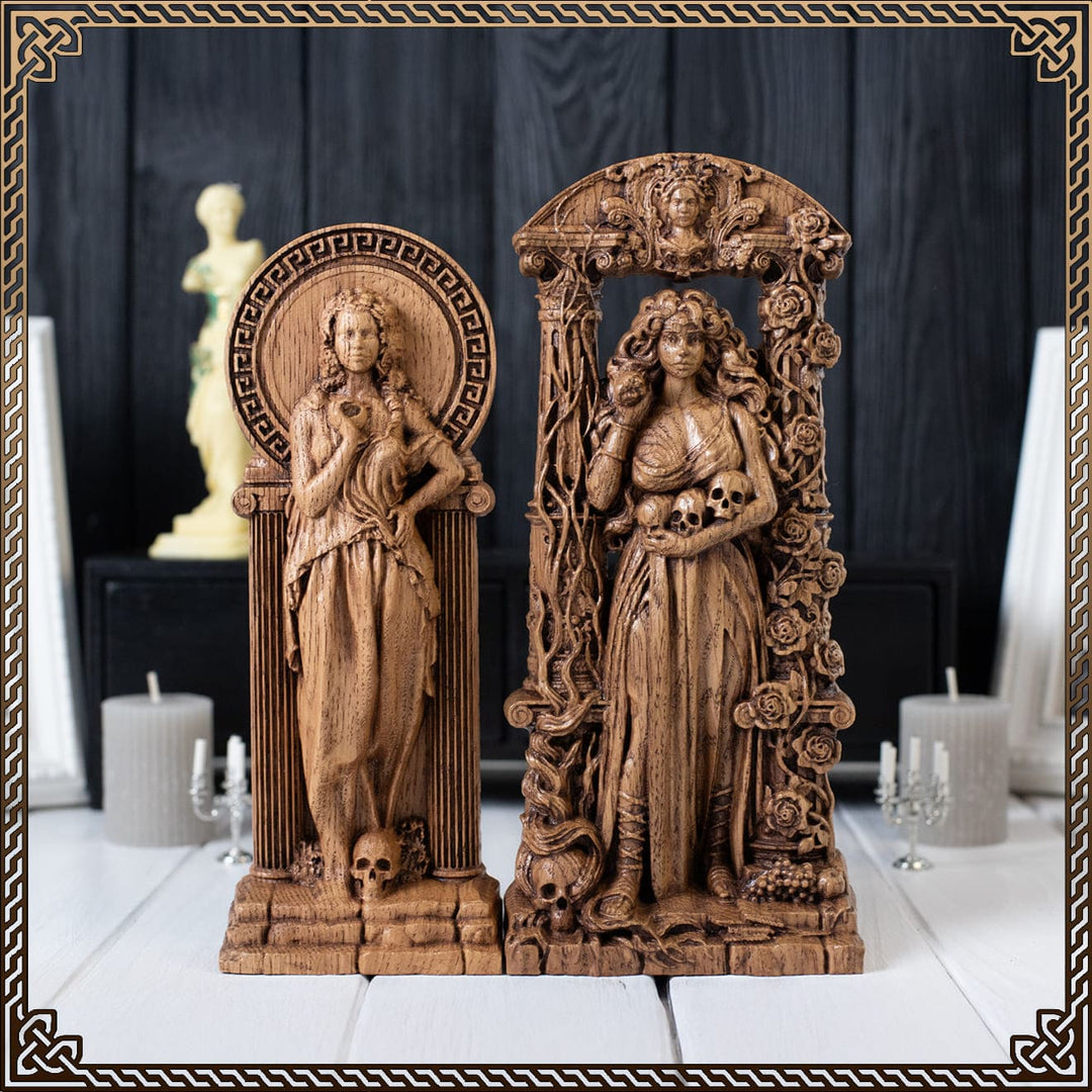 Wooden statue of Persephone with skull and roses, pagan altar figurine in Greek mythology style