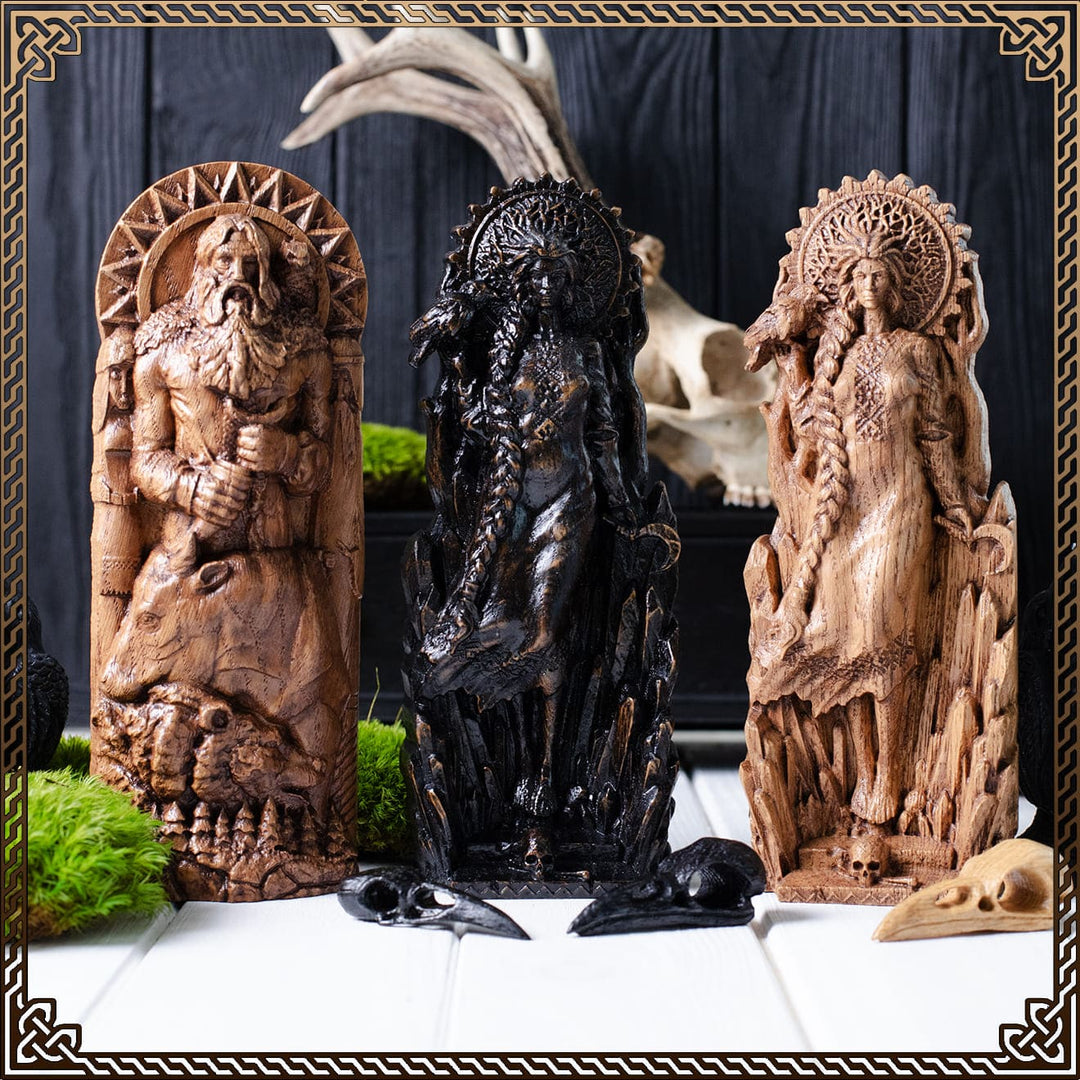 Hand-carved oak figurines of Slavic goddess of death Morana and other Slavic deities for pagan and wiccan decor