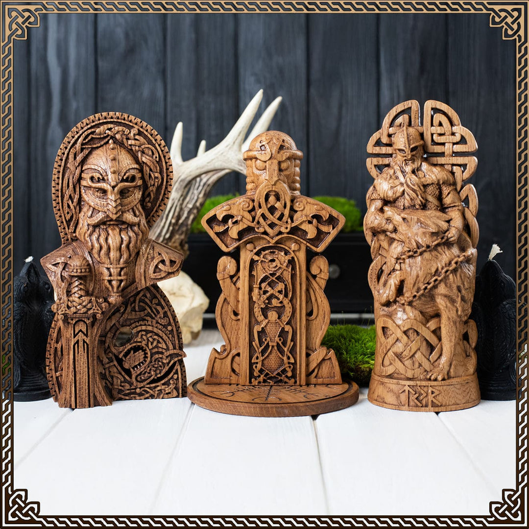 Tyr Norse Gods Wooden Statues for Pagan Altars – Handcrafted Oak Depictions of God Tyr