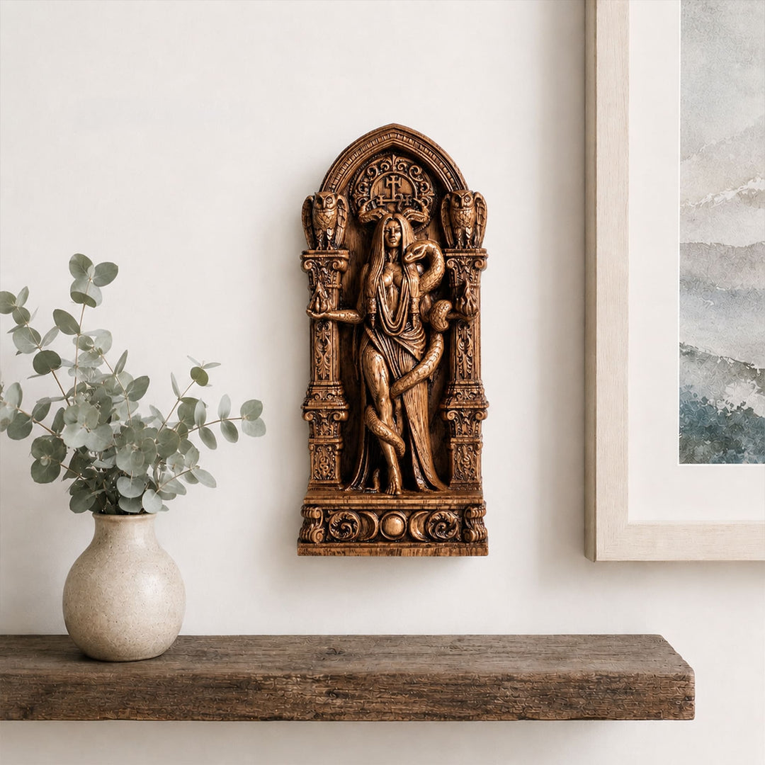 Hand-carved wooden wall hanging statue displayed as mythological wall decor in a home interior