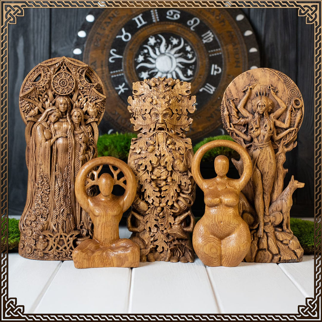 Handcrafted wooden Wiccan goddess statues and Horned God figurines, inspired by Wiccan moon goddess and triple goddess wicca symbolism