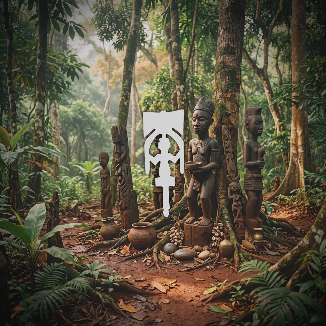 Yoruba sacred grove with shrine figures for deity statue collection