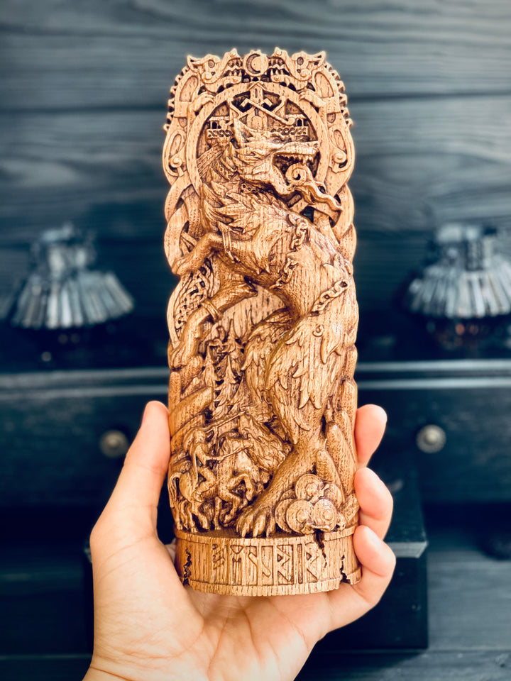 Fenrir Wooden Figurine - Handcrafted Oak Statue