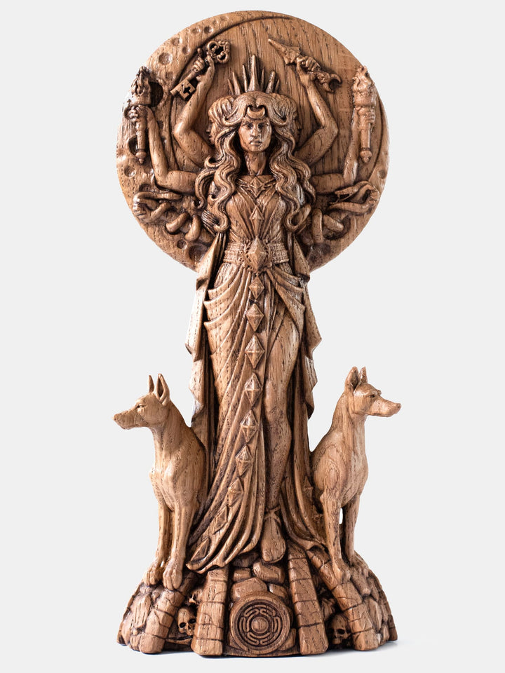 Handcrafted triple-form Hecate statue standing at crossroads with torches, serpents, key, ritual knife and seven-rayed crown