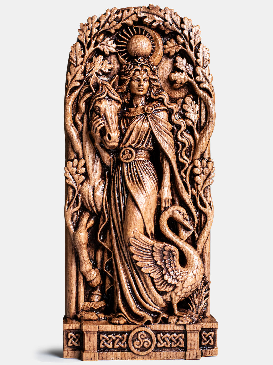 Handmade oak wood Aine statue with antique patina inspired by Celtic mythology, fertility symbolism, and sun goddess energy.