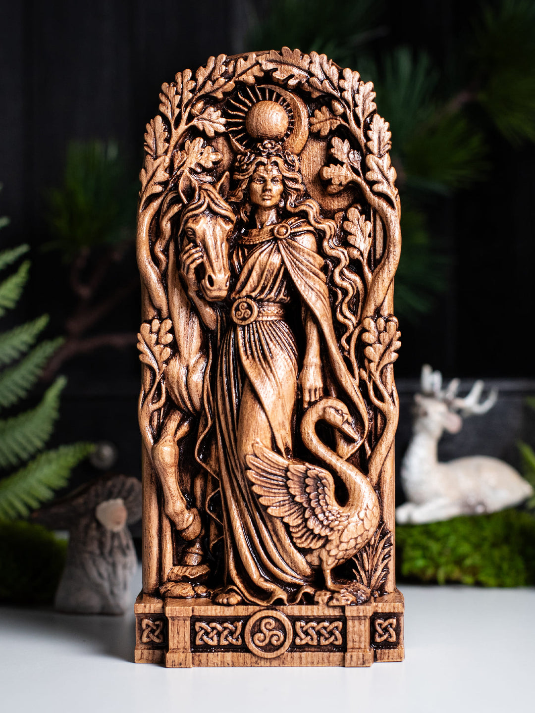 Aine Celtic goddess wooden statue for pagan altar, Irish mythology decor, and divine feminine spiritual space.