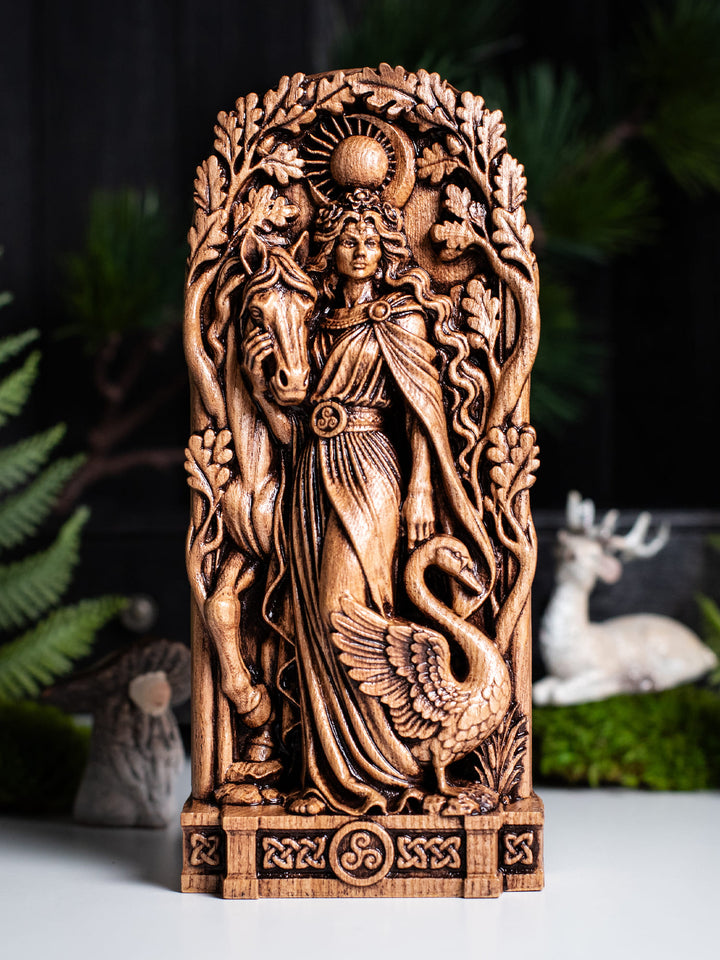 Aine Celtic goddess wooden statue for pagan altar, Irish mythology decor, and divine feminine spiritual space.