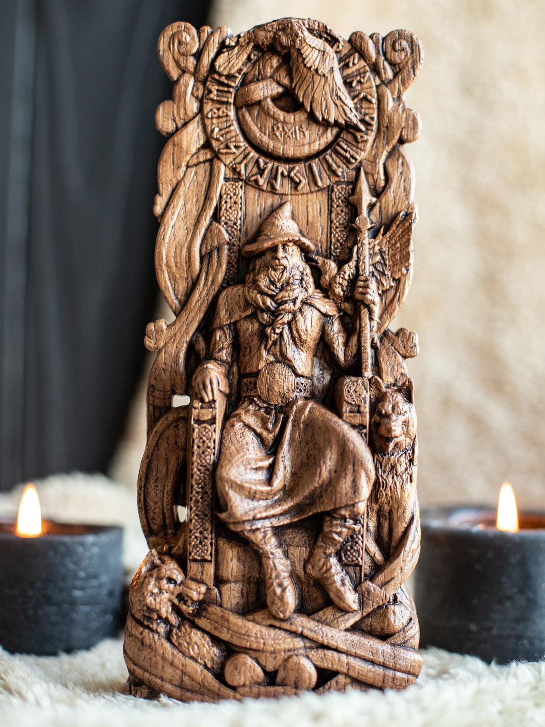 God Odin Wooden Statue: All-Father on Throne