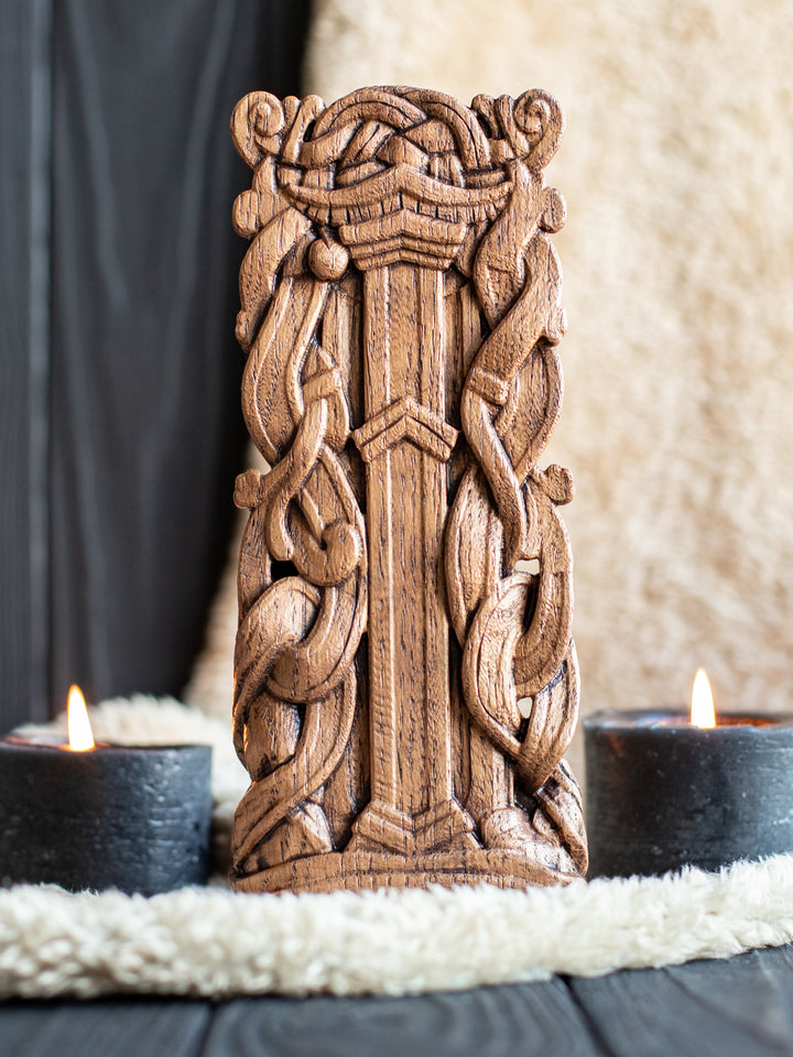 God Odin Wooden Statue: All-Father on Throne