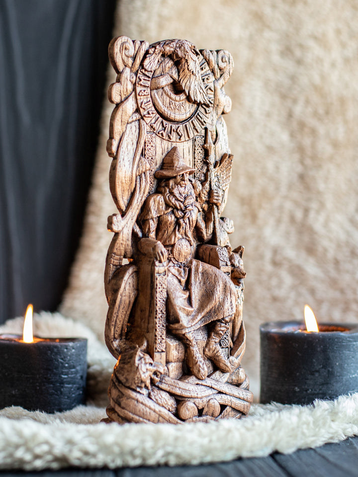 God Odin Wooden Statue: All-Father on Throne