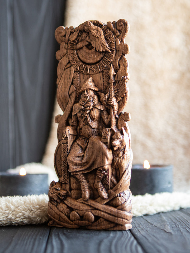 God Odin Wooden Statue: All-Father on Throne