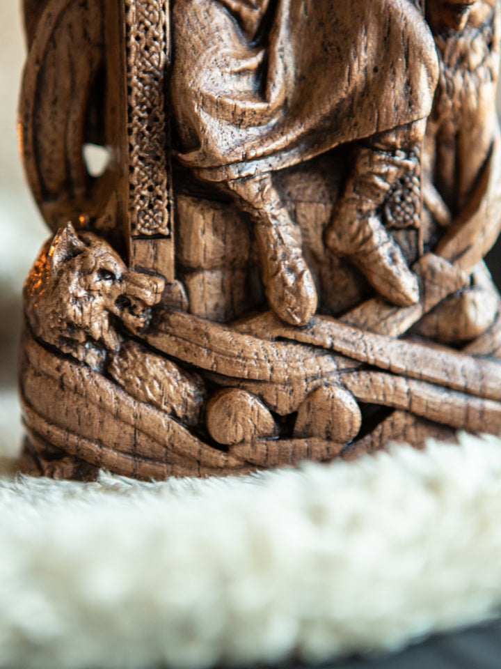 God Odin Wooden Statue: All-Father on Throne
