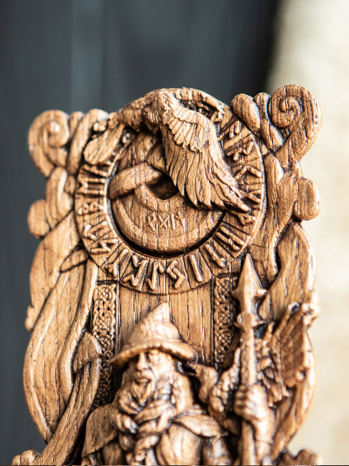 God Odin Wooden Statue: All-Father on Throne